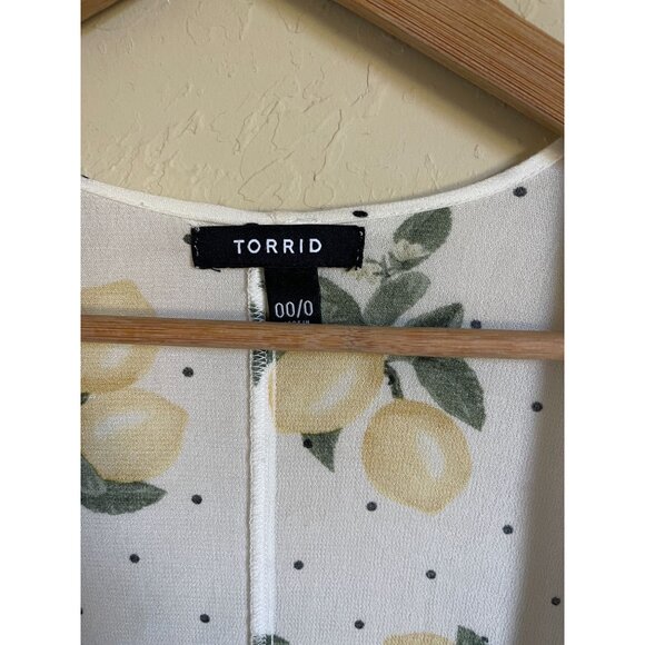 TORRID Size 00/0 White Lemon Citrus Fruit Polka Dot Kimono Wrap - Picture 5 of 9